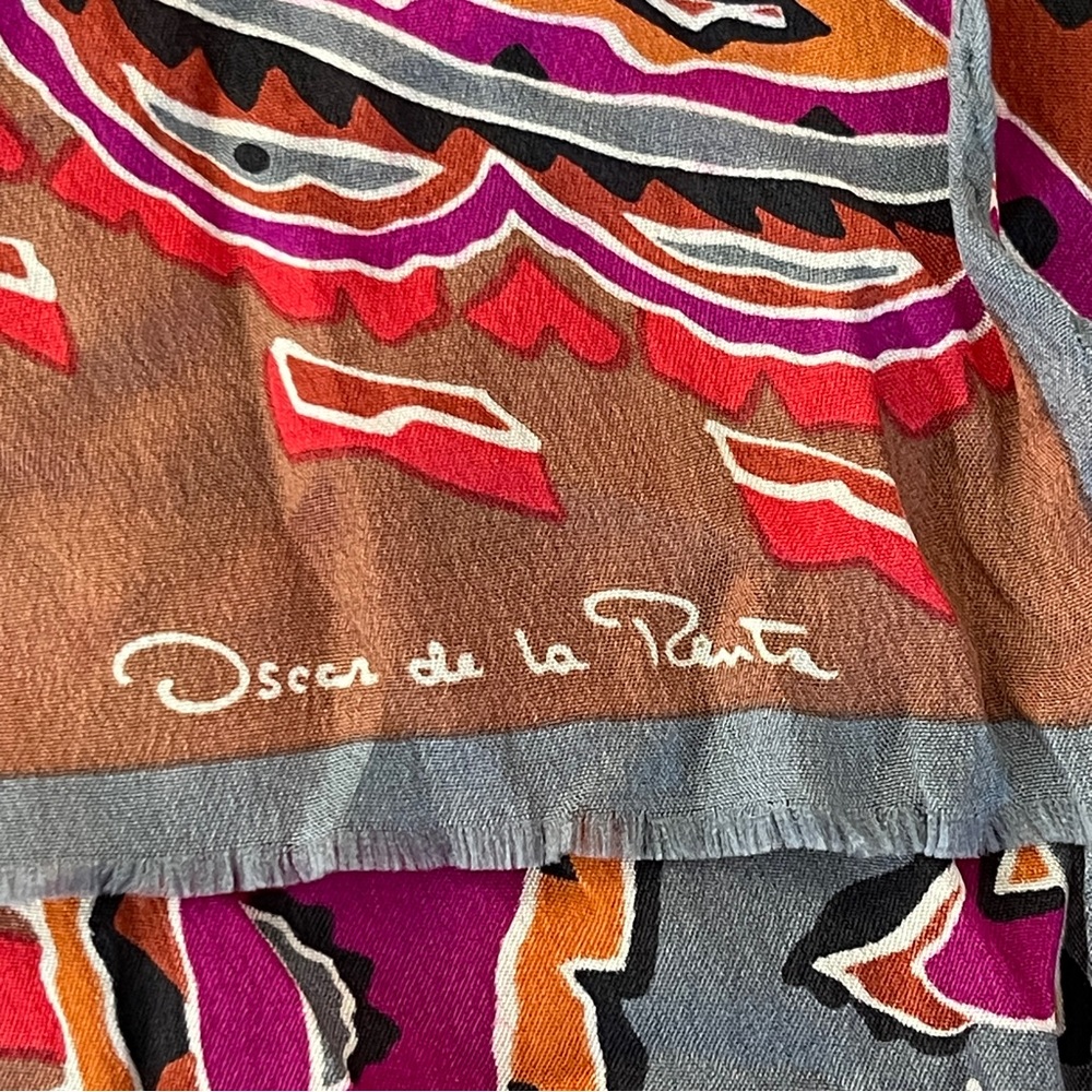 Oscar De La Renta Orange Pink Multicolor Paisley Print Silk Scarf - Picture 3 of 4